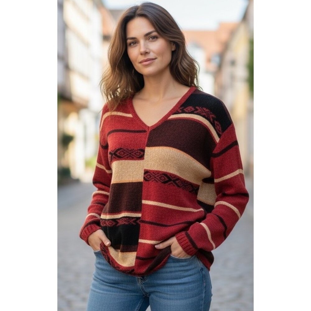 VTG Cabin Creek Chenille Sweater 1X Red Tan Patchwork Stripe V Neck Soft Cozy